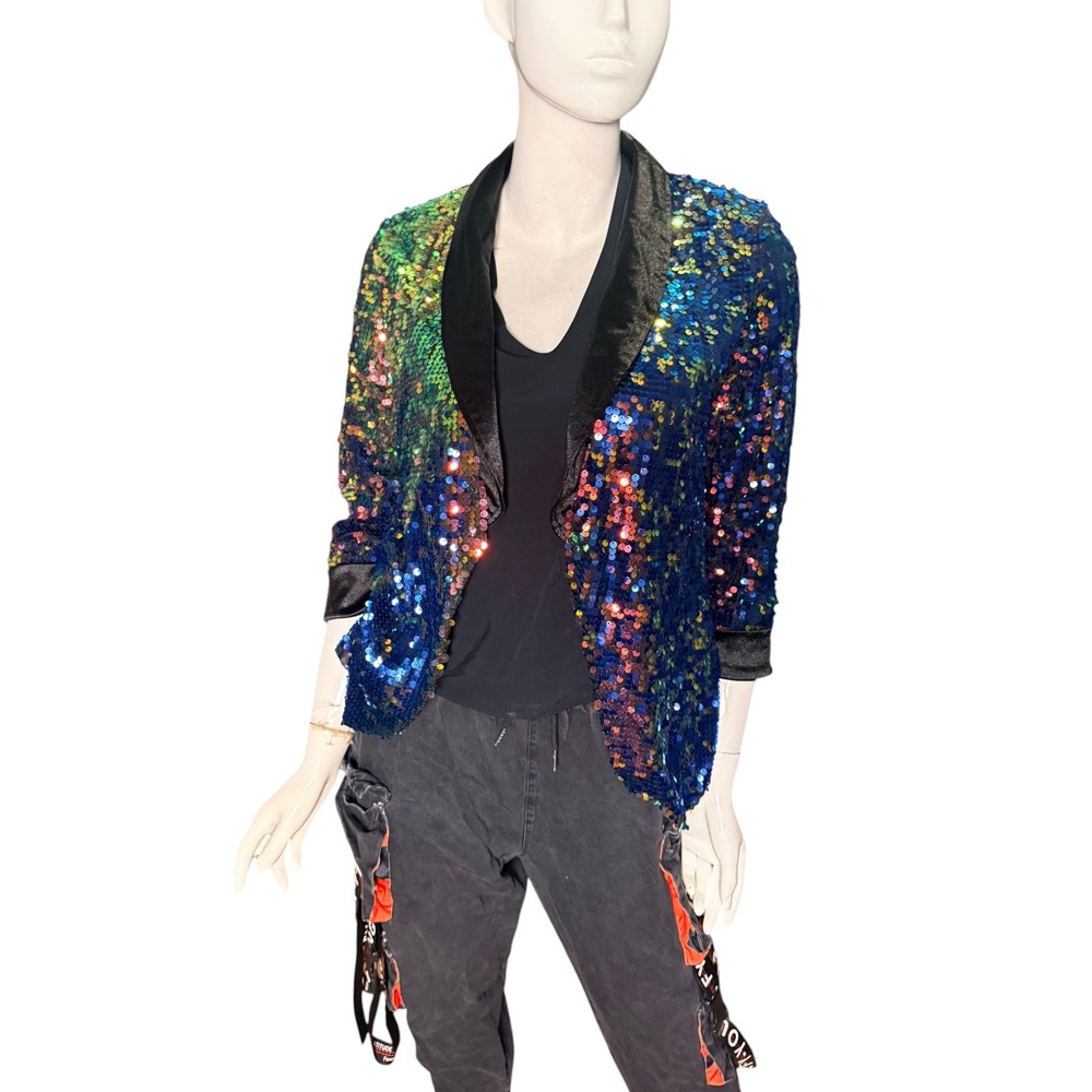 Weissman Rainbow Iridescent Sequin Blazer Shawl Collar Performance Jacket MA